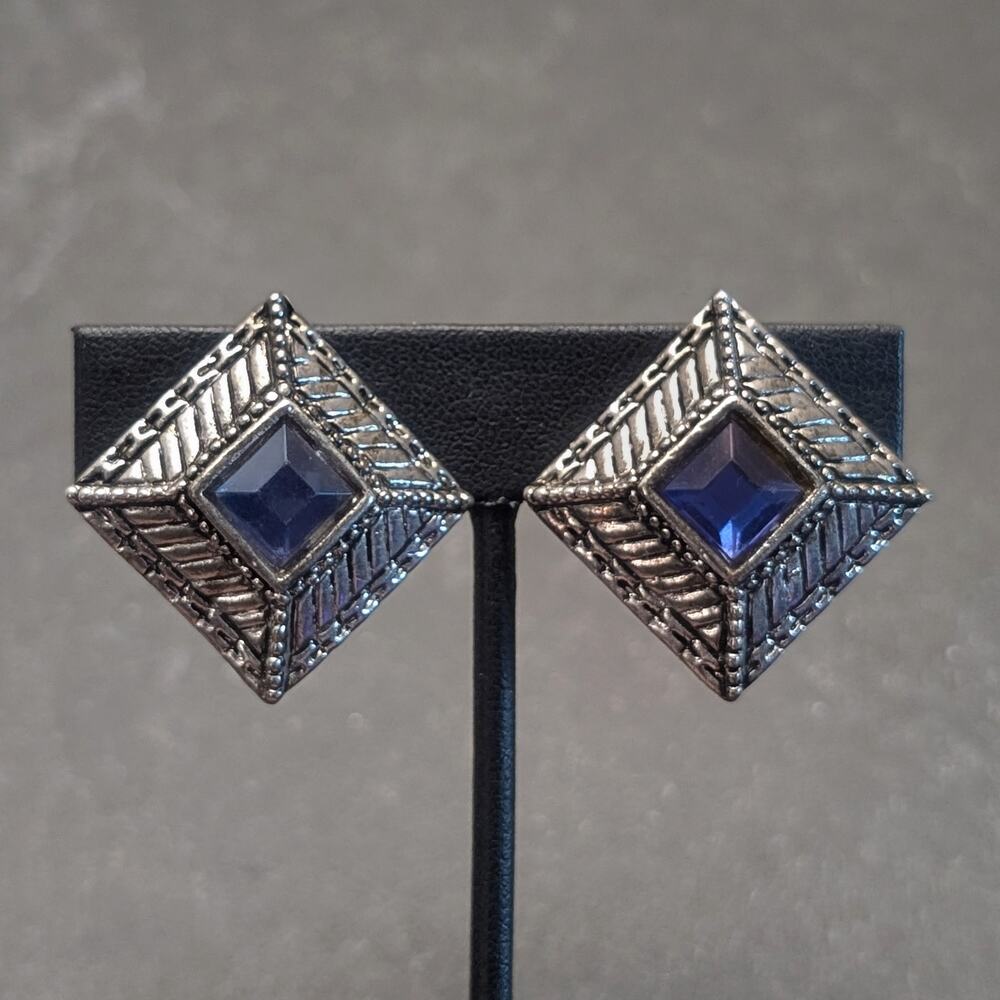 Vintage Clip On Earrings Regal Dark Silver Tone with Blue Gem Statement